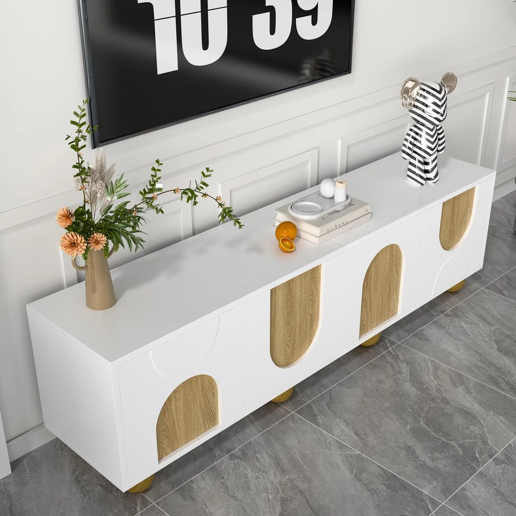 Comodă TV cu 4 uși, design minimalist cu aspect de lemn și finisaj alb, 175x38x50 cm, Culoare naturală+Alb