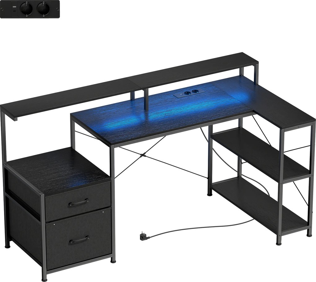 HOMCOM Birou Gaming în formă de L cu prize multiple, LED-uri, 165x80 cm, birou PC cu 2 sertare din material textil, 2 rafturi deschise, măsuță laterală și 2 suporturi monitor, din PAL și oțel, Negru | Aosom Romania