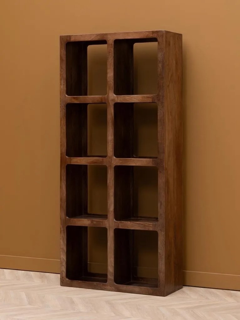 Etajeră din lemn de mango, cu 8 rafturi, maro antichizat, finisaj vintage, 82.5×32×181 cm, „Cubia"