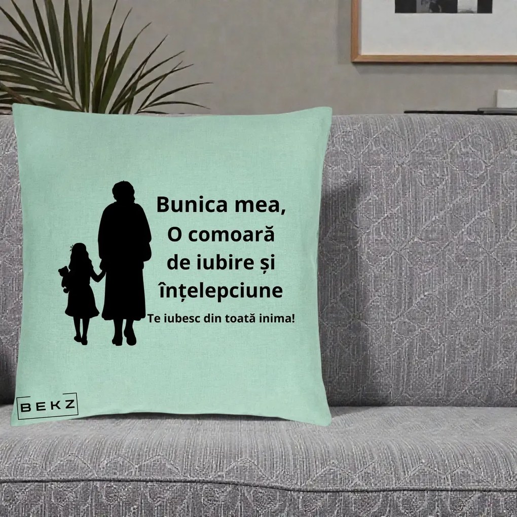 Cadou pentru Bunica - Perna Personalizata Bunica Mea Comoara Iubire Intelepciune Silueta, 40x40 cm, Verde Menta, Husa Detasabila, Perna Inclusa, BEKZ®