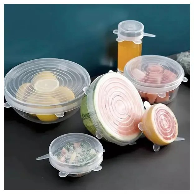 Set 6 capace din silicon Kinghoff KH 1902, -40 pana la 230°C, Etanse, Reutilizabile, Universale, Transparent