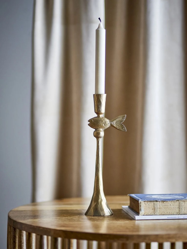 Suport lumânare din alamă, cu finisaj antichizat și detaliu sculptural de pește, 9x28 cm, „Capet"