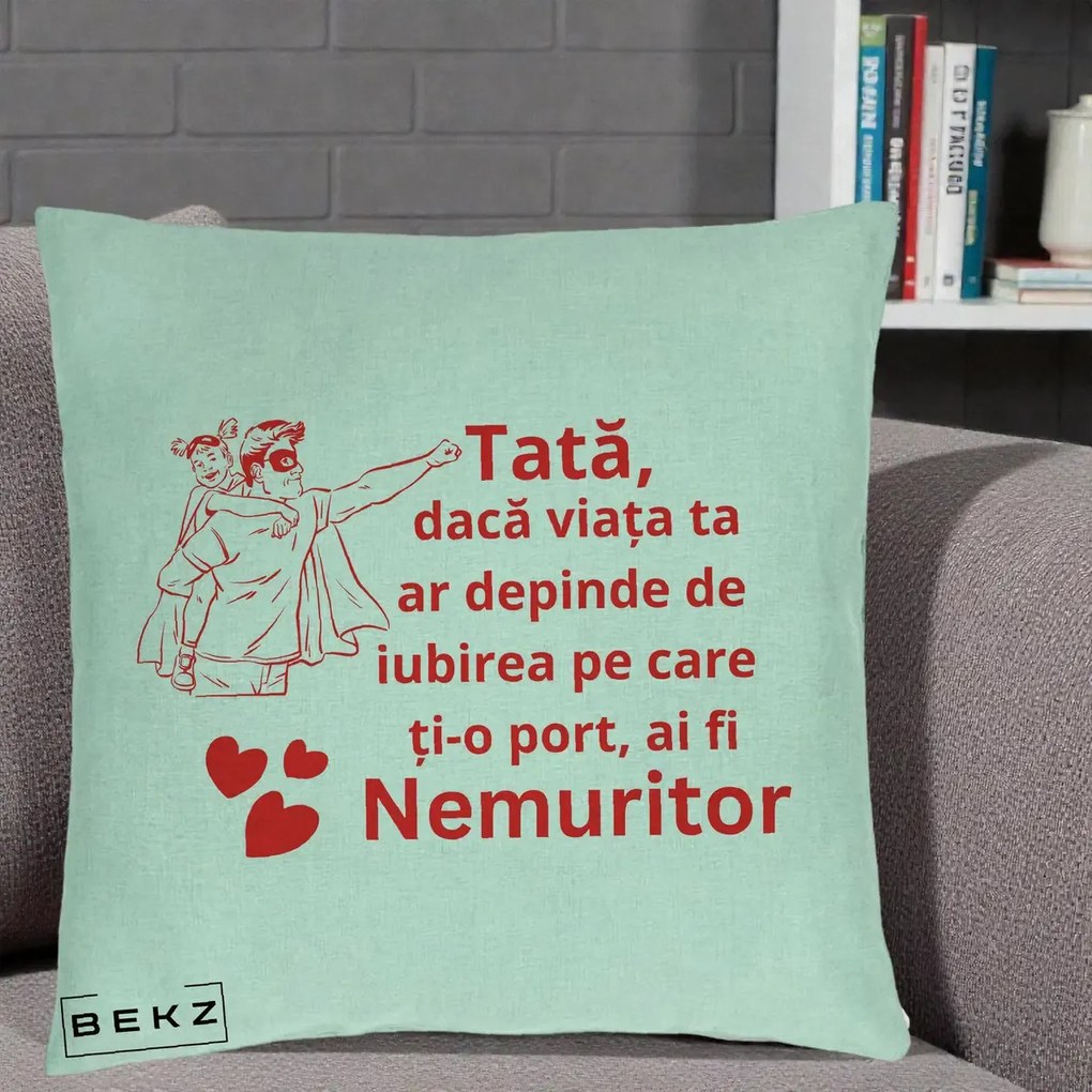 Cadou pentru Tata - Perna Personalizata Tata Nemuritor cu Fetita, 40x40 cm, Verde Menta, Husa Detasabila, Perna Inclusa, BEKZ®