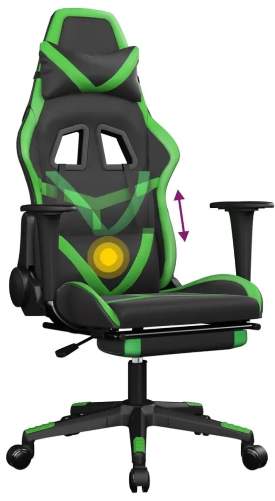 Scaun gaming de masaj suport picioare, negru verde, piele eco 1, Negru si verde, Cu suport de picioare