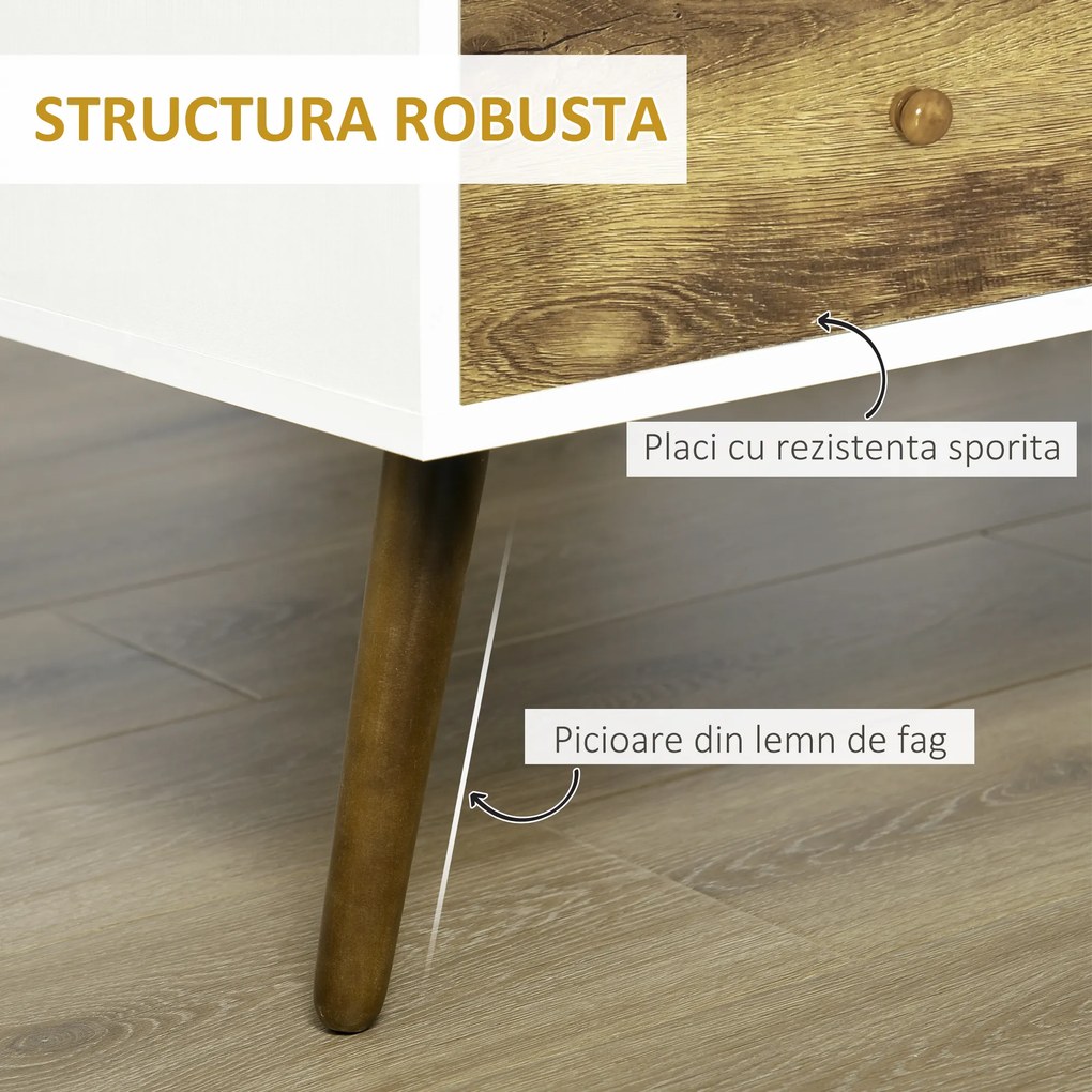 Masuta de Salon in Stil Nordic, Masuta Joasa din Lemn cu 4 Sertare, Dulapior pentru Sufragerie, Alb si Lemn 100x53,5x45cm HOMCOM | Aosom RO