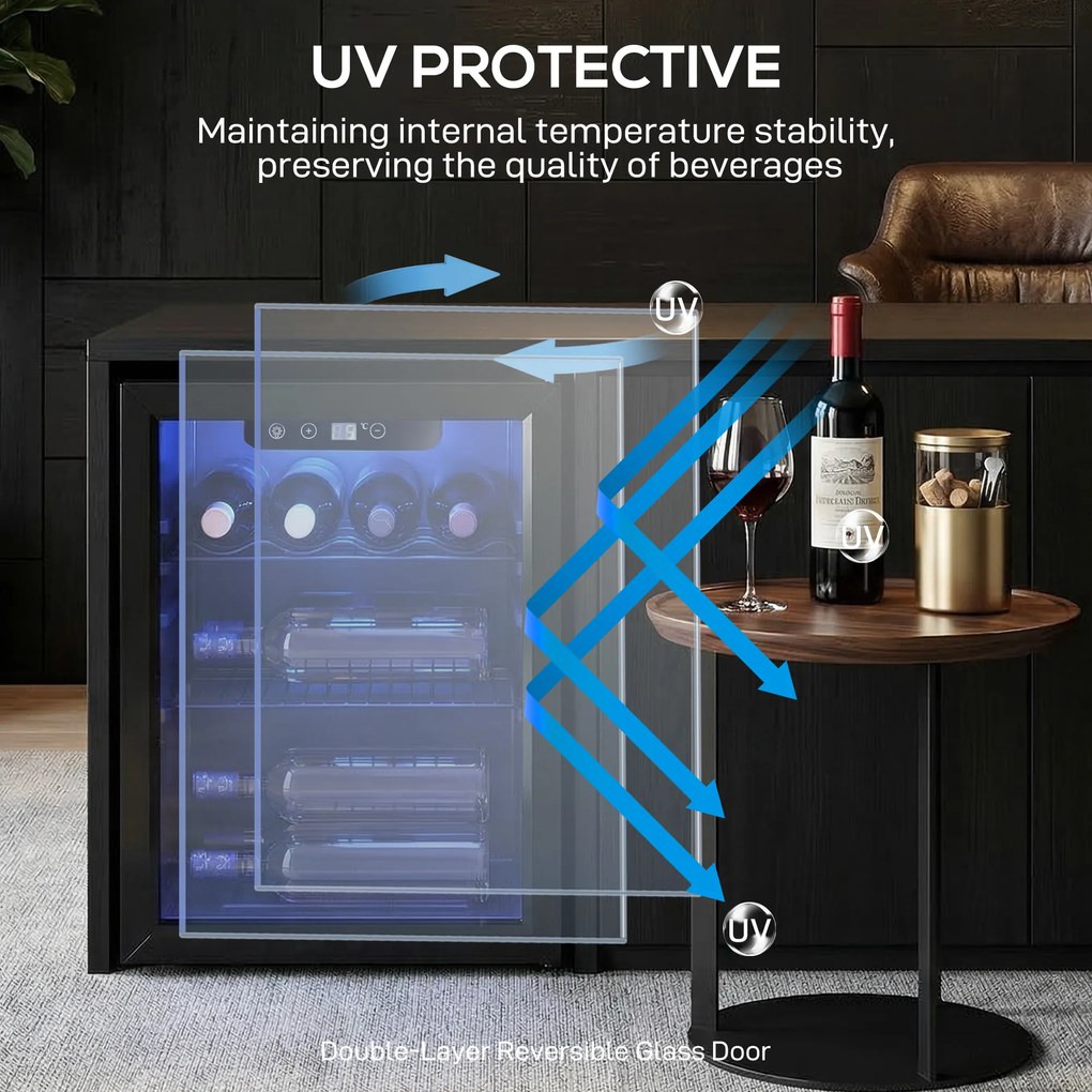 HOMCOM Frigider pentru 16 sticle, capacitate 48 L, 4–16°C, frigider pentru băuturi și bere pentru montare sub blat, cu ușă din sticlă, lumină LED | Aosom Romania