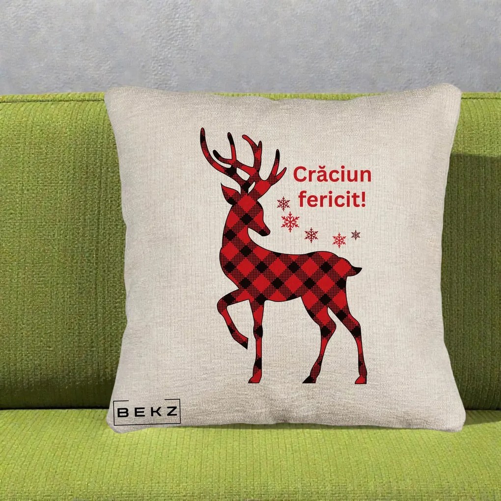 Perna Decorativa Ren Tartan Craciun Fericit, 40x40 cm, Bej Canapea, Husa Detasabila, Perna Inclusa, BEKZ®