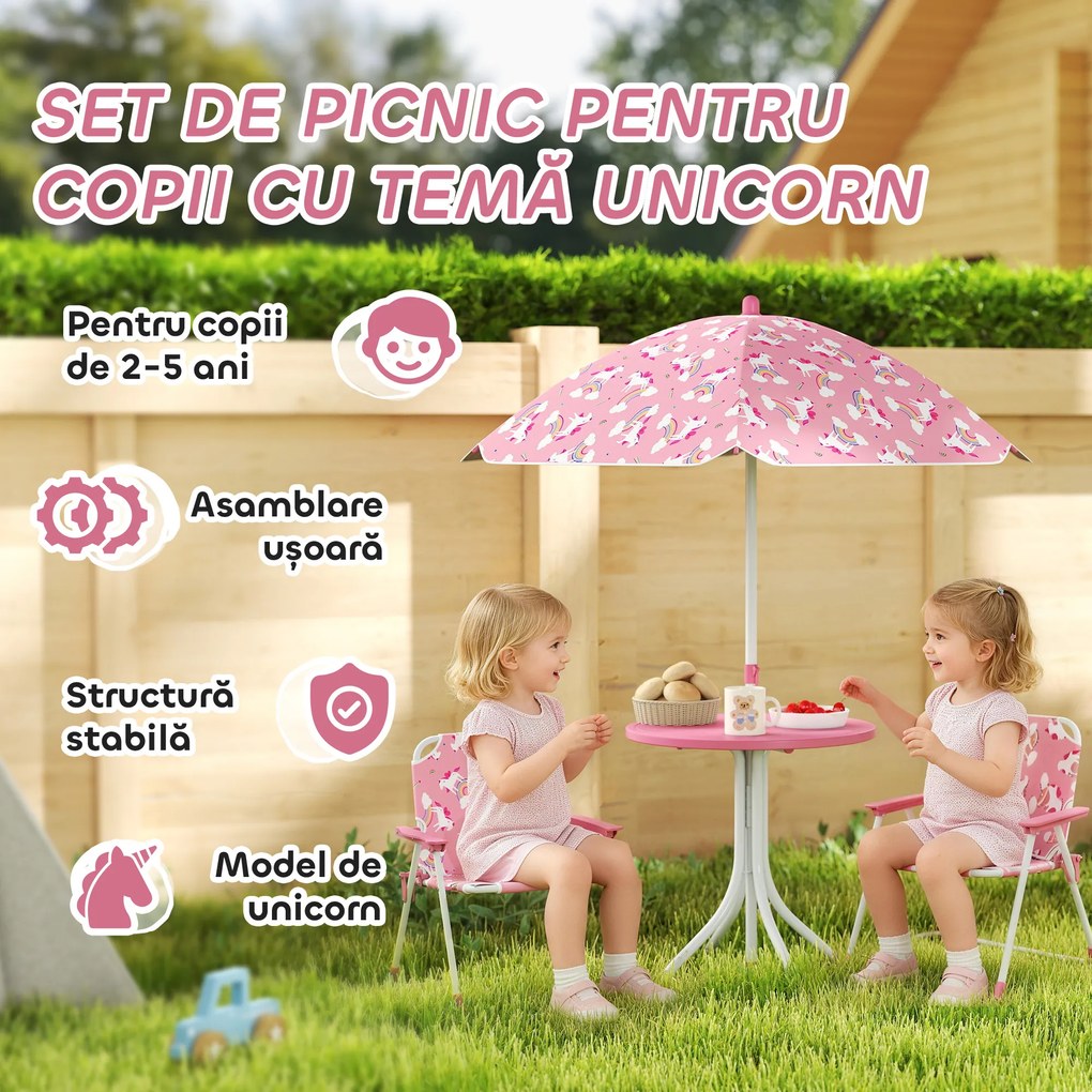 AIYAPLAY Masă de Picnic pentru Copii, Set Masă și Scaune cu 2 Scaune Pliabile și Umbrelă Detasabilă, Temă Junglă, Mobilier de Exterior pentru Grădină, Patio, Roz | Aosom Romania
