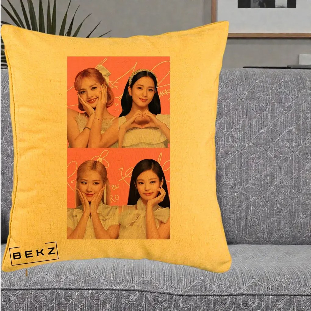 Perna Personalizata K-pop BLACKPINK Colaj Roz, 40x40 cm, Galben, Husa Detasabila, Perna Inclusa, BEKZ®
