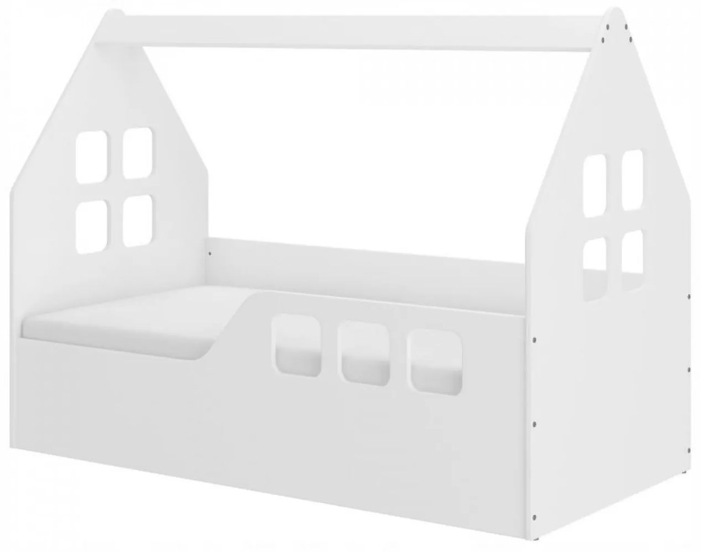 Pat tip casuta pentru copii NOVOKIDS™ Magic White House, 160x80 CM, Pal 18 mm, Margini anti-lovire, Protectie Laterala cu montare universala, Alb