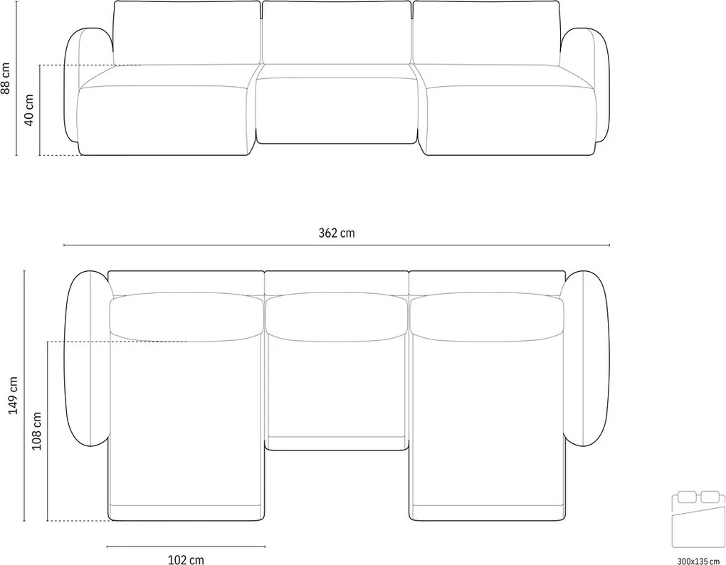 Coltar panoramic extensibil 5 locuri, Tonale, Cosmopolitan Design, 362x149x88 cm, tesatura chenille, bej deschis