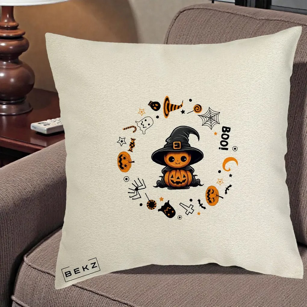 Perna Decorativa Halloween Dovleac Vrajitor Boo cu Simboluri, 40x40 cm, Ecru, Husa Detasabila, Perna Inclusa, BEKZ®