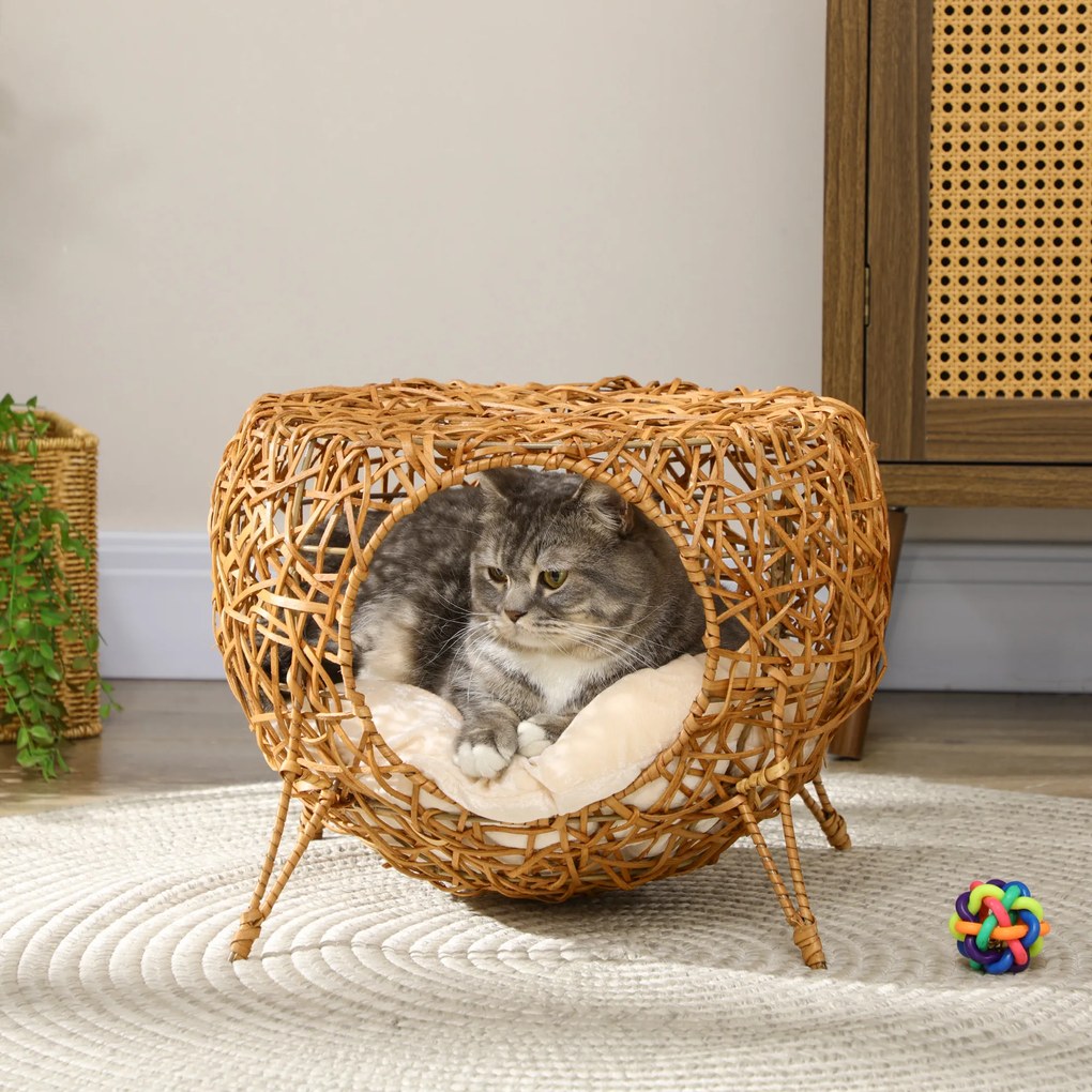 PawHut Cușcă pentru pisică pat pentru pisică cuție pentru pisică casă de pisică din răchită cu pernă groasă Ø 40 x 32 cm maro deschis | Aosom Romania