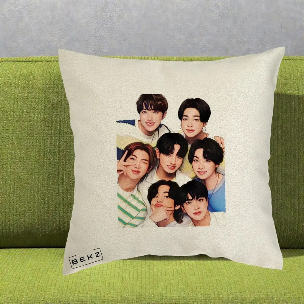Perna Personalizata K-pop BTS Bangtan Boys Portret Grup Fanart, 40x40 cm, Ecru, Husa Detasabila, Perna Inclusa, BEKZ®