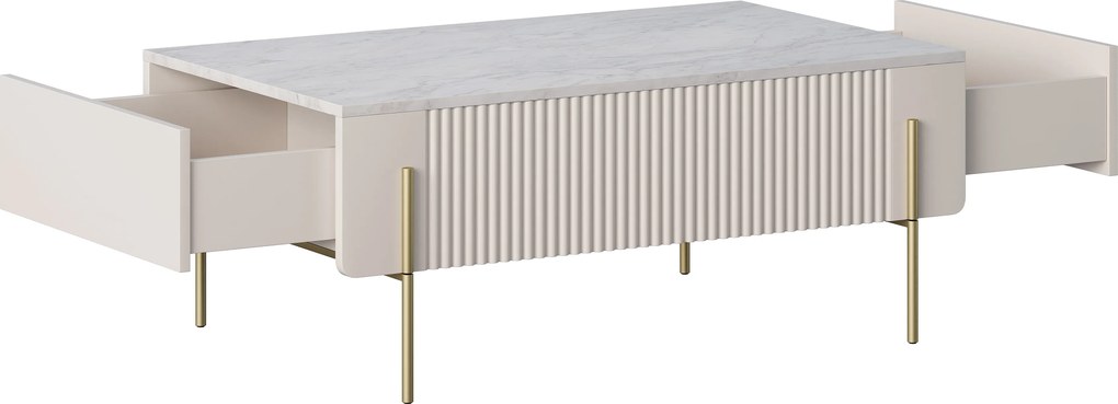 Măsuță de cafea Malmi 100 cm cu sertare - cașmir / crema bianca / picioare aurii
