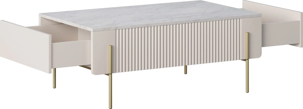 Măsuță de cafea Malmi 100 cm cu sertare - kaszmir / crema bianca / picioare aurii