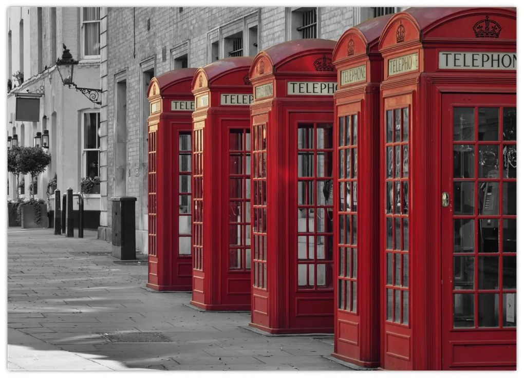 Tablou pe sticlă - Cutii telefonice din Londra (70x50 cm)