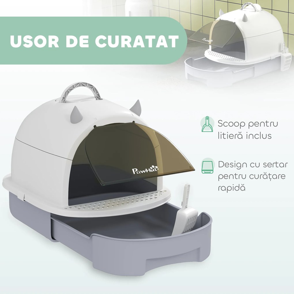 PawHut Litieră cu Capac, Tavă pentru Nisip tip Sertar cu Filtru de Carbon și Lopățică, 40,5x52x39 cm, Gri | Aosom Romania