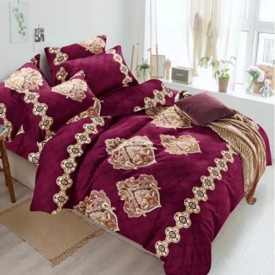 Set Lenjerie de Pat cu 2 Fete, Bumbac Tip Finet, 6 Piese, Uni, Pat 2 Persoane, Auriu / Bordo, FNJ-364