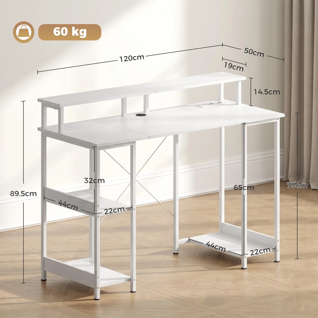 HOMCOM Birou pentru Computer Reversibil cu Rafturi, 120x50 cm, cu Prize și Lumini LED, Alb cu Efect de Lemn | Aosom Romania