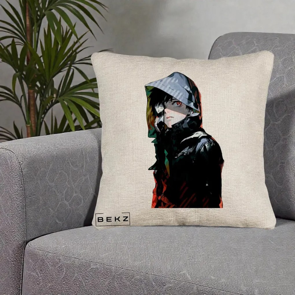 Perna Personalizata Tokyo Ghoul Ken Kaneki cu Masca si Gluga, 40x40 cm, Bej Canapea, Husa Detasabila, Perna Inclusa, BEKZ®
