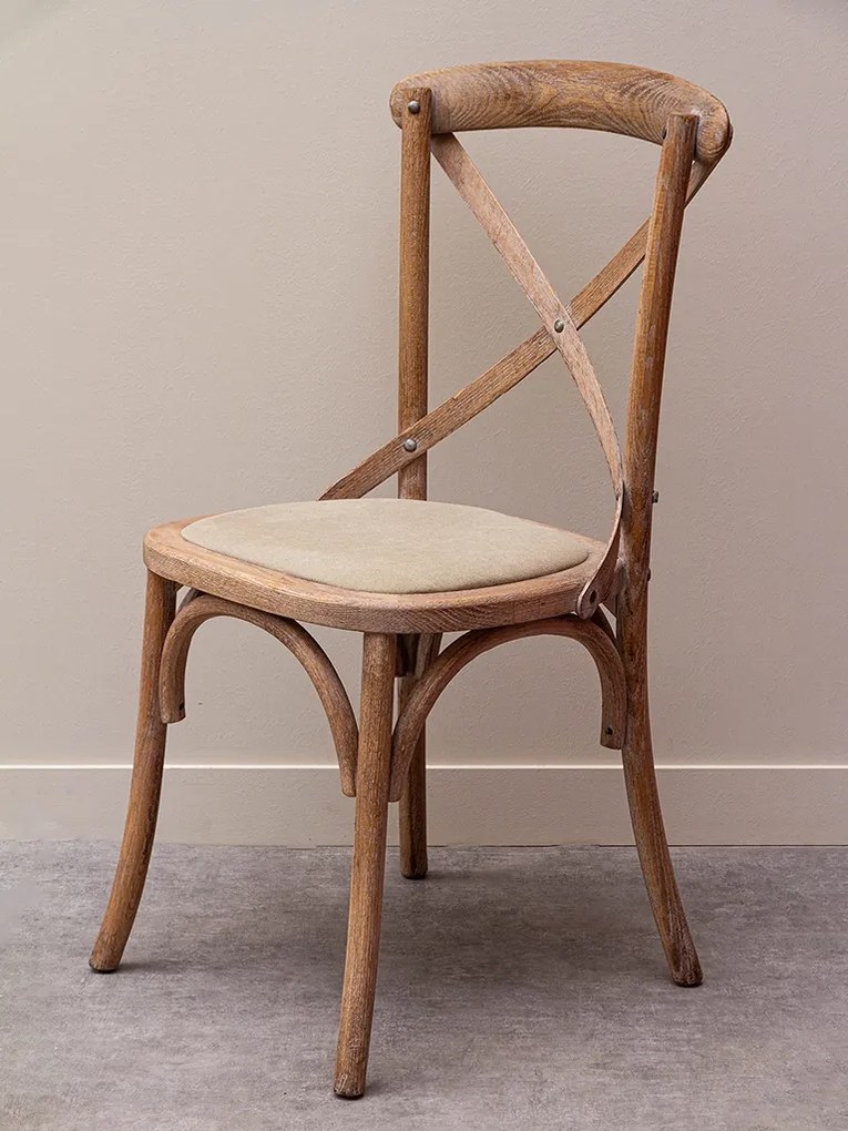 Scaun dining din lemn de stejar și bumbac, bej, cu spătar încrucișat în X, șezut tapițat și arce curbate, 90 x 44 x 42 cm, „Marius”