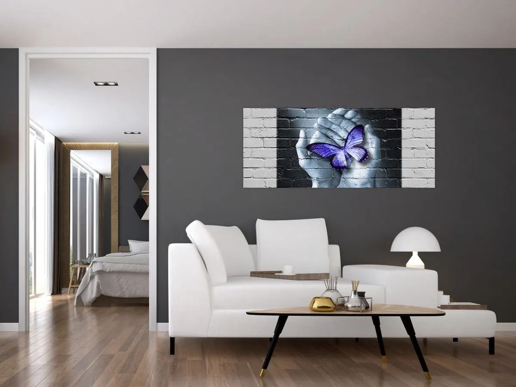 Tablou - Fluture violet pe perete (120x50 cm)