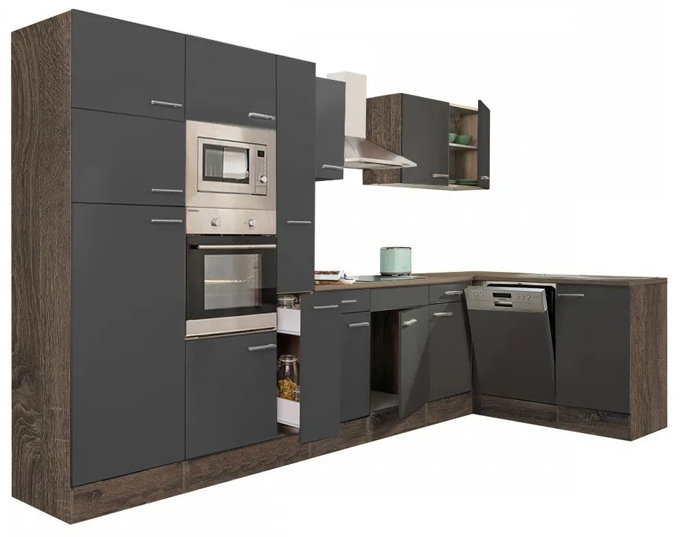 Mobilă de bucătărie de colț Yorki 370, corp din stejar Yorki, cu față antracit satinat