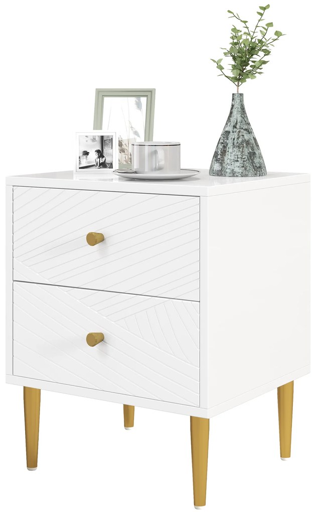 HOMCOM Noptiera masa de noapte cu 2 sertare manere, picioare din otel pentru dormitor living 40 x 35 x 50 cm alb | Aosom Romania