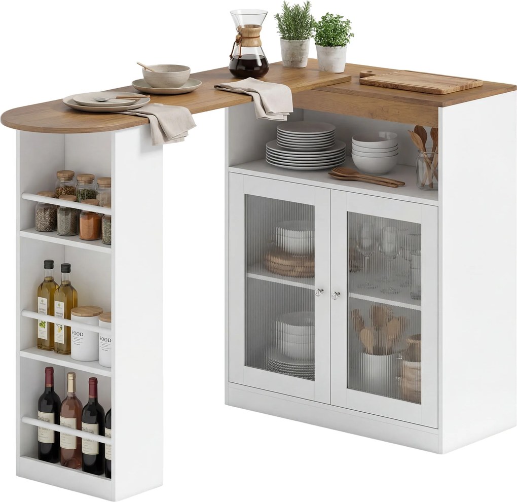 HOMCOM Masă de Bar Extensibilă și Rotativă 360° cu Rafturi Deschise și 2 Uși din Sticlă 150x80x105,5 cm Alb și Lemn Natural | Aosom Romania