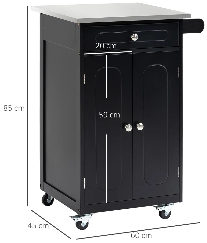 HOMCOM Căruț de servire pentru bucătărie pe roți, multiple spații de depozitare, 1 sertar, dulap cu 2 uși și raft, suport prosop, MDF negru, oțel inoxidabil | Aosom Romania