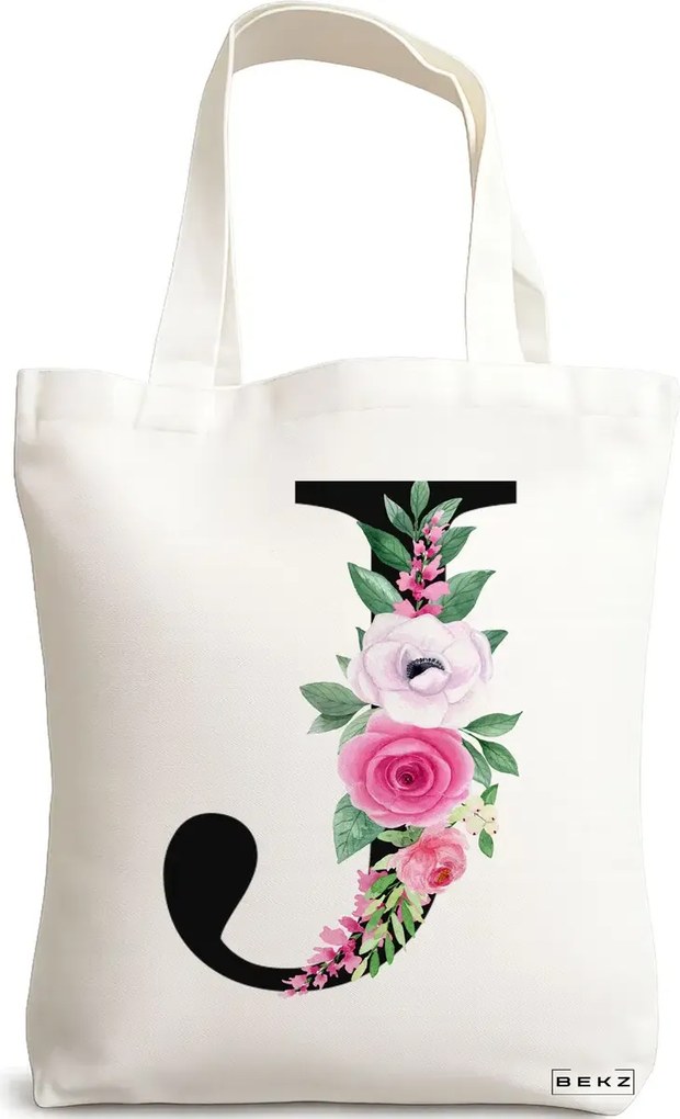 Sacosa de Panza pentru Cumparaturi, Geanta Tote, Cu litera J si Trandafiri, 38x34.5 cm, Alba, BEKZ®