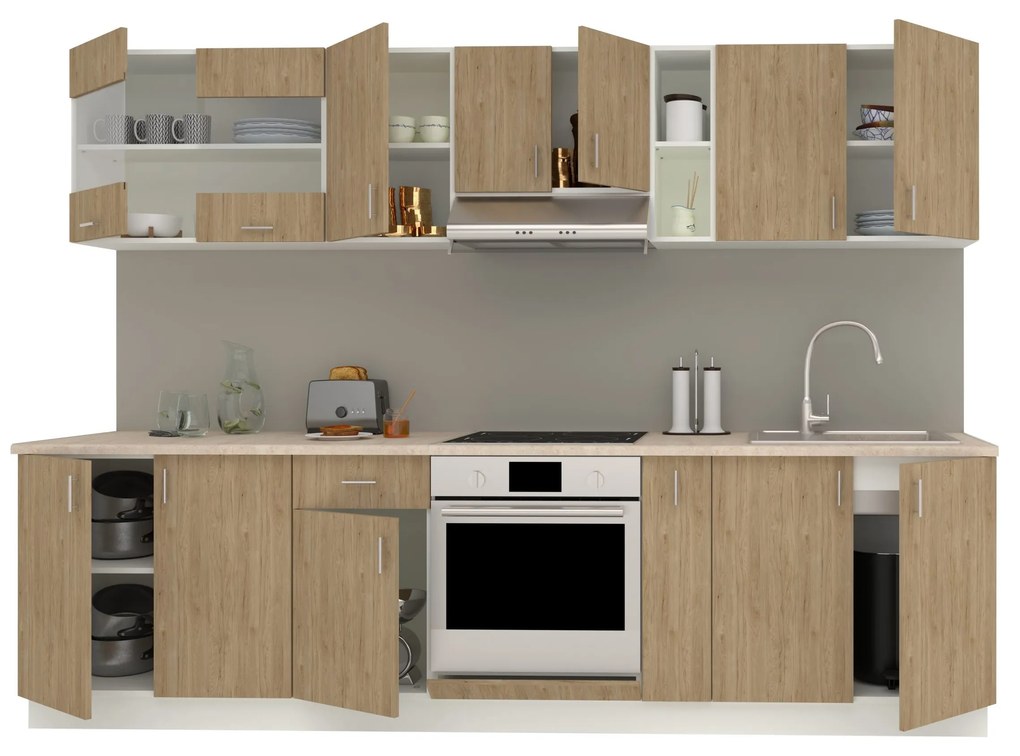Set Bucatarie Karo V21, Lemn Natural/Alb, Blat Thermo 28 mm, L 280 cm