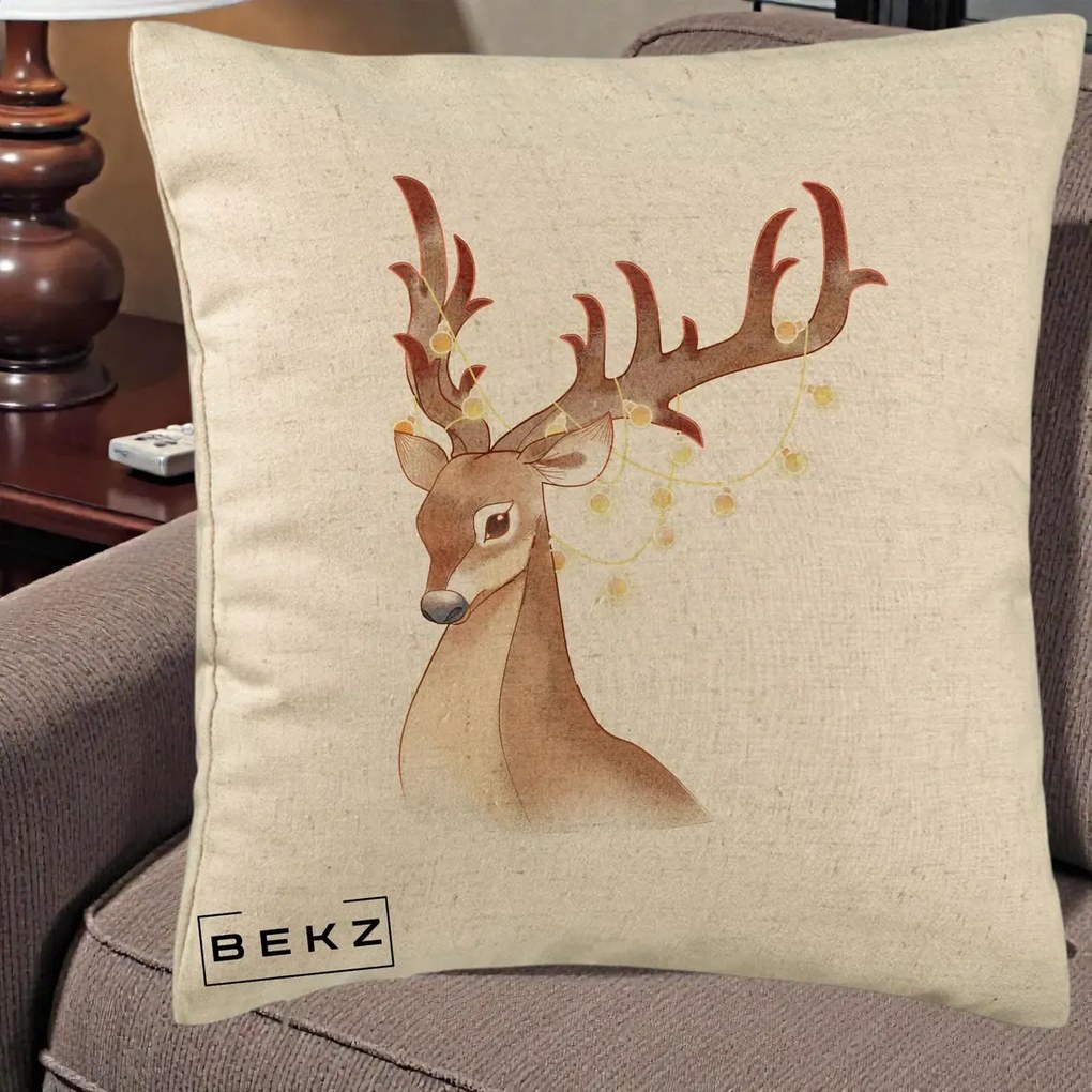 Perna Decorativa Ren cu Luminite de Craciun, 40x40 cm, Bej, Husa Detasabila, Perna Inclusa, BEKZ®