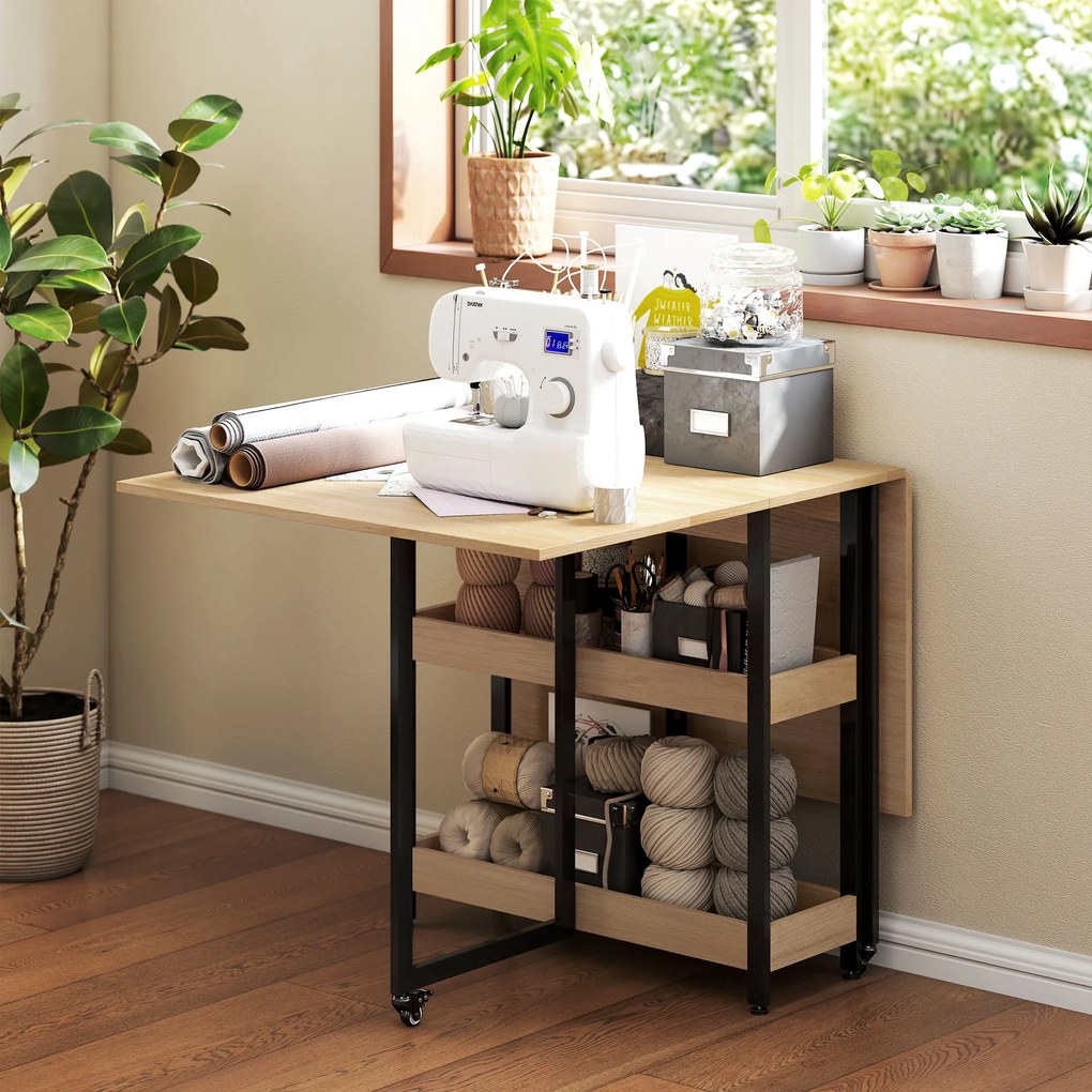 HOMCOM Masă de sufragerie pliabilă pe roți 4 persoane cu compartimente deschise, pentru spații mici, sufragerie, stejar | Aosom Romania