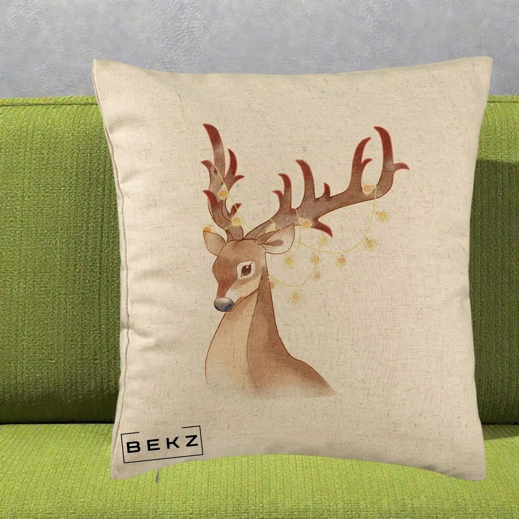 Perna Decorativa Ren cu Luminite de Craciun, 40x40 cm, Bej, Husa Detasabila, Perna Inclusa, BEKZ®
