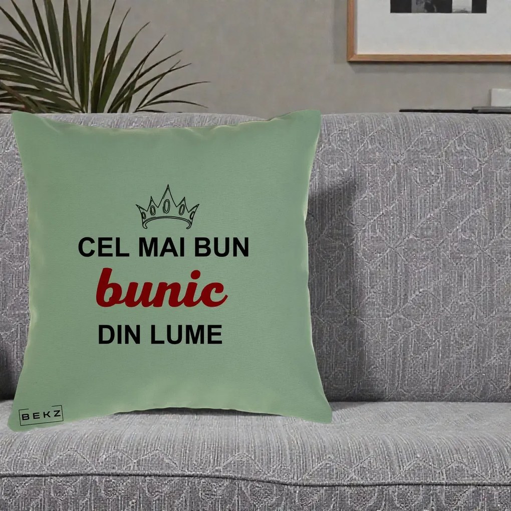 Cadou pentru Bunic - Perna Personalizata Cel Mai Bun Bunic Din Lume Coroana Rosu, 40x40 cm, Verde, Husa Detasabila, Perna Inclusa, BEKZ®