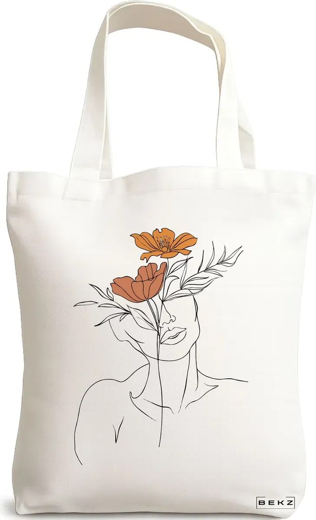 Sacosa de Panza pentru Cumparaturi, Geanta Tote, Flower Lady 2, 38x34.5 cm, Alba, BEKZ®