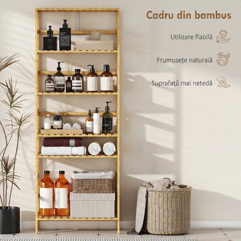 HOMCOM Raft de bambus cu 6 niveluri, cu rafturi reglabile, 60x26x161 cm | Aosom Romania