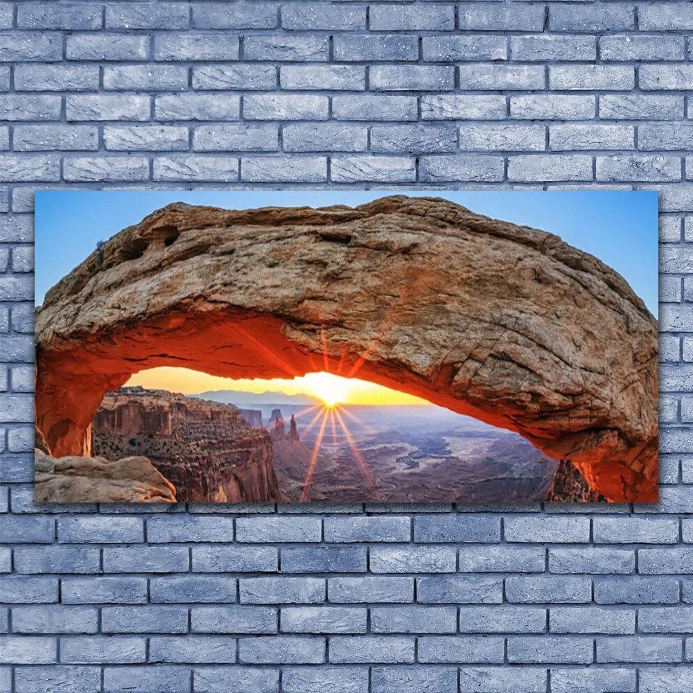 Tablou pe sticla Rock Sun Peisaj Gri Portocaliu Galben