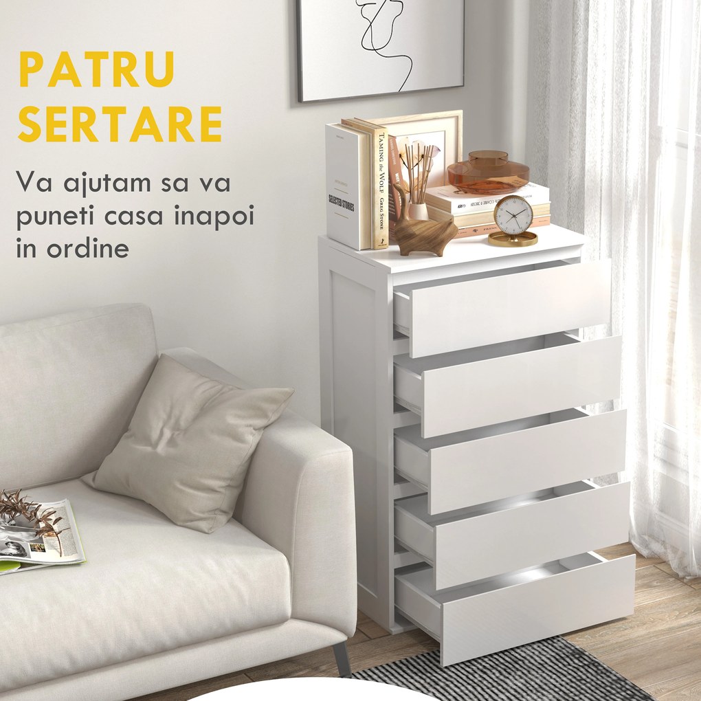HOMCOM Dulap cu 5 Sertare pentru Dormitor, Dulap Depozitare cu Glisiere Metalice și Canelură, Cufăr Alb, Ideal pentru Spațiu și Stil | Aosom România