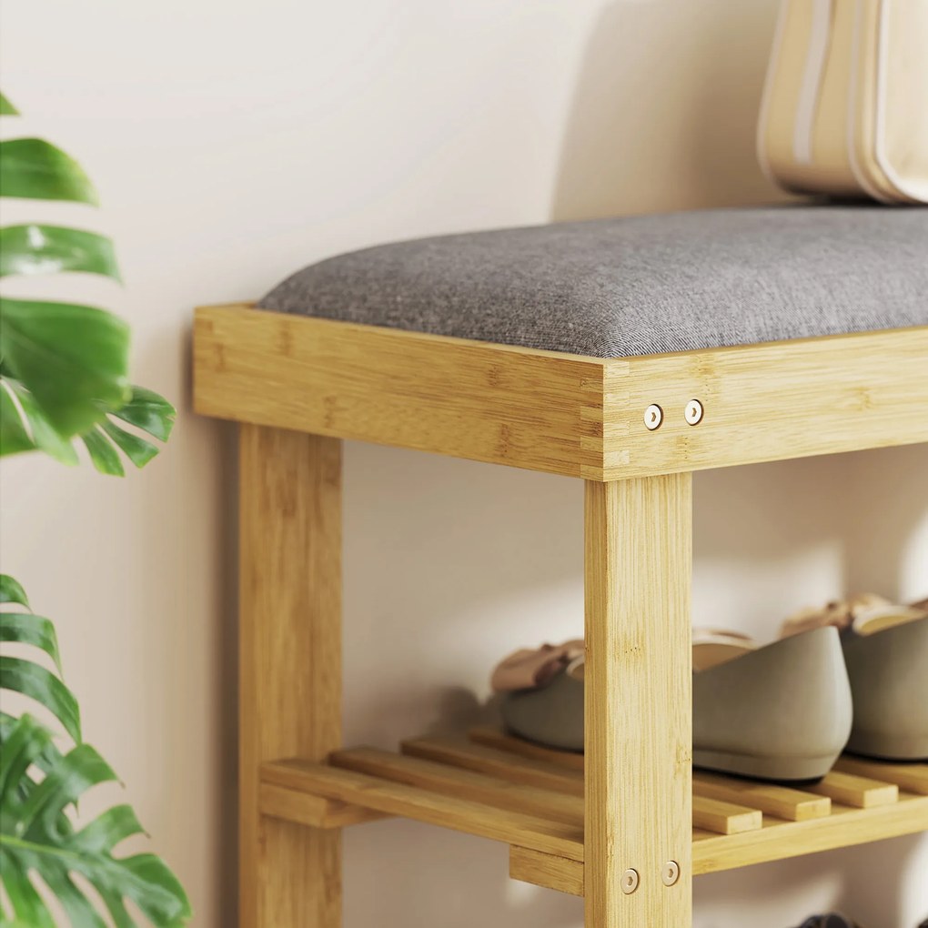 HOMCOM Bancă pentru încălțăminte din bambus, raft pentru încălțăminte cu 3 niveluri, stil scandinav, 60 x 29 x 49 cm, lemn natural | Aosom Romania