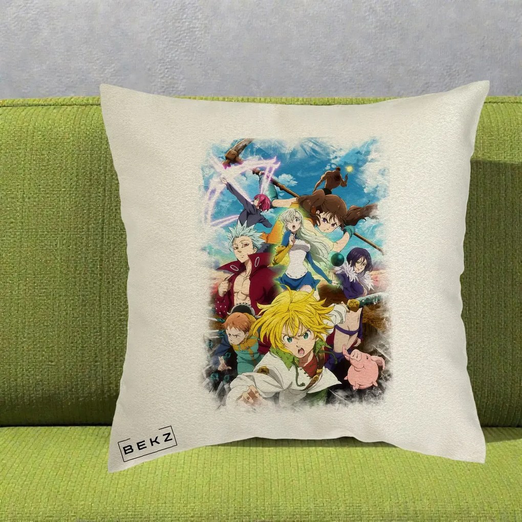 Perna Personalizata Nanatsu no Taizai Cele Sapte Pacate Mortale Anime, 40x40 cm, Ecru, Husa Detasabila, Perna Inclusa, BEKZ®