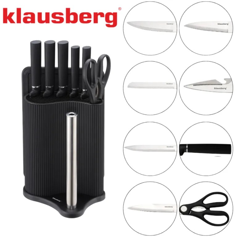 Set cuțite Klausberg KB 7977, 8 piese, Oțel inoxidabil, Suport, Suport hârtie de bucătărie, Negru