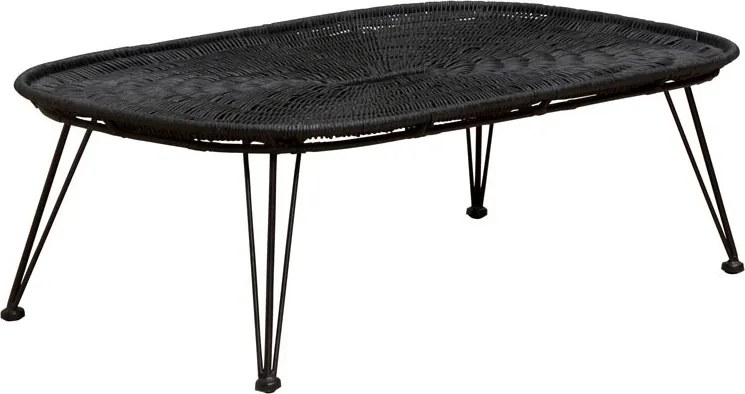 Măsuță de cafea dreptunghiulară din ratan, negru, cu blat tip tavă și picioare din metal, 30,5 x 92 x 56,5 cm, „Senzu”
