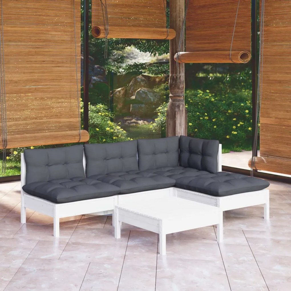 vidaXL Set mobilier grădină cu perne, 5 piese, alb, lemn de pin