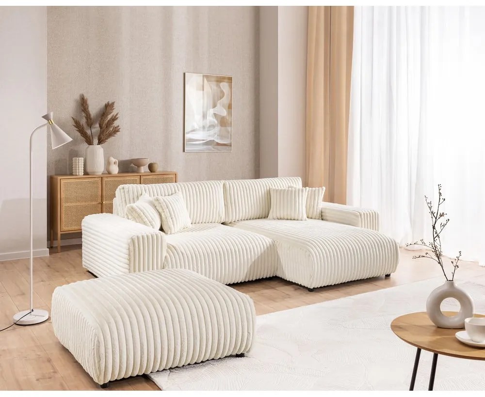 Taburet crem cu tapițerie din catifea reiată Justin – Ropez