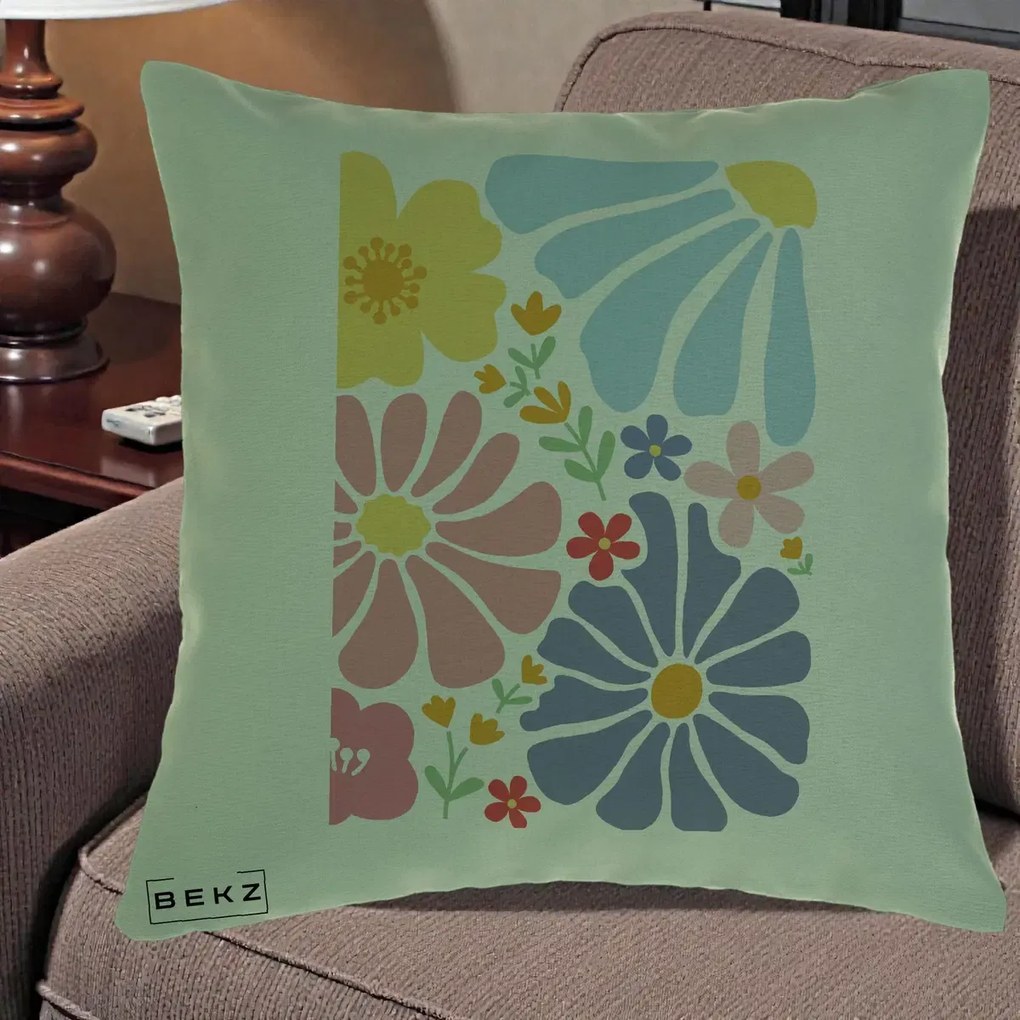 Perna Decorativa Flori Grafice Pastel Multicolor, 40x40 cm, Verde, Husa Detasabila, Perna Inclusa, BEKZ®