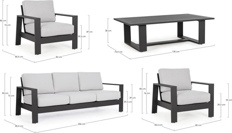 Set mobilier de gradina, 4 piese, metal, gri / negru, Baltic Bizzotto
