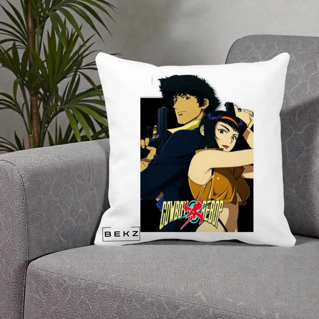 Perna Personalizata Cowboy Bebop Spike si Faye Poster, 40x40 cm, Alba Mata, Husa Detasabila, Perna Inclusa, BEKZ®